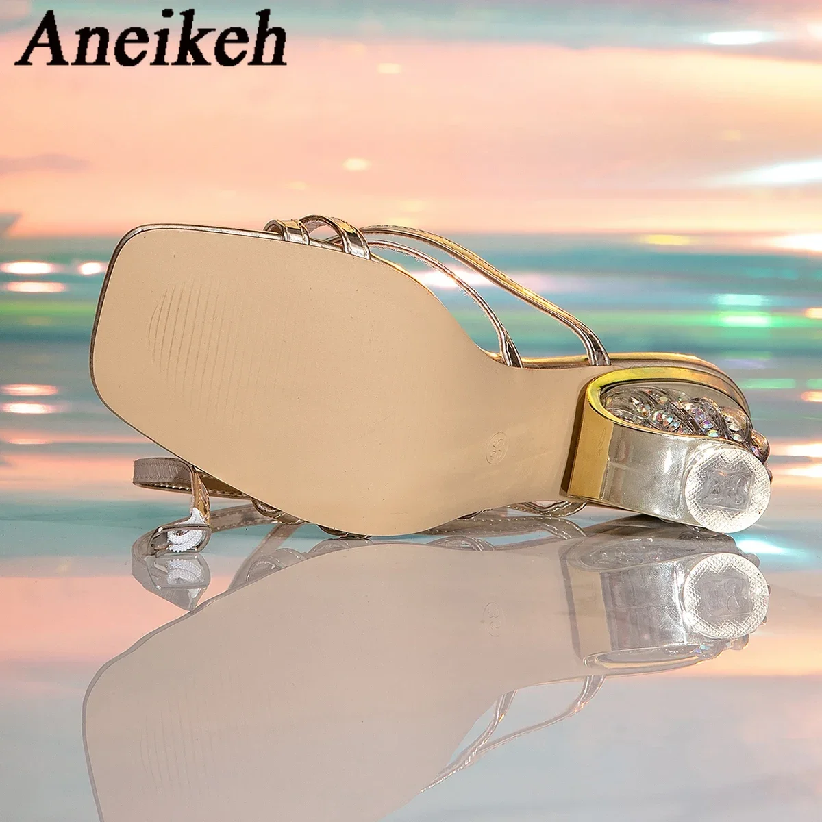 Aneikeh Sexy Strap Rome Sandals Women Transparent Thick Bottom Party Dress High Heels Sandalias Doradas Mujer 2026 Tendencia