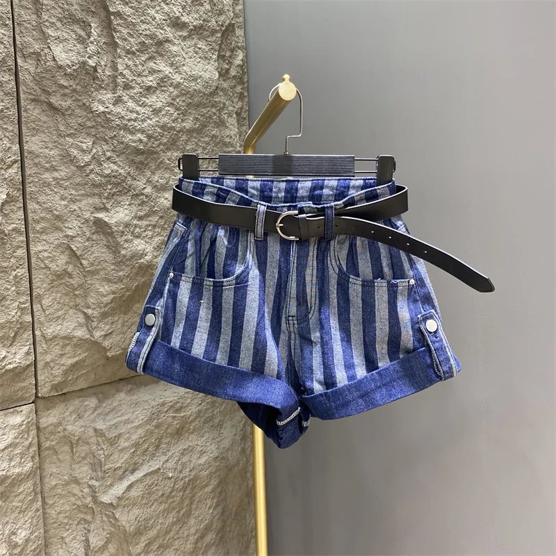 Striped Denim Shorts 2024 New Summer Women High Waist Edge Curl Wide Leg Short Shorts Versatile Causal Female Korean With Belt