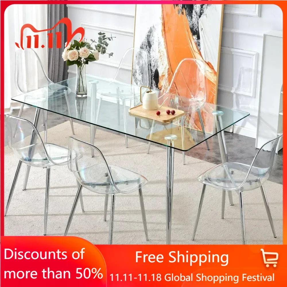 Rectangle Glass Dining Table Set for 6,with Silver Metal Legs, for Dining Room Kitchen，63-inch Table and Six Chairs