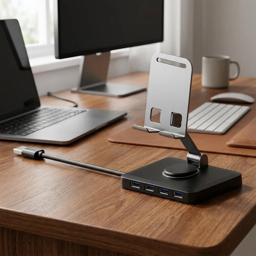 USB 3.0 Hub 4 Port Metal Phone Stand-360 Rotating Folding Dockings Station For Desktop Laptop Tablet Mobile Accessories Black