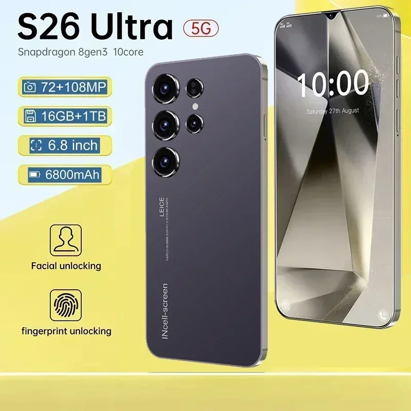 

New Smartphone S26Ultra 5G 6.8" Snapdragon 8 gen2 Android Cellphones Unlocked 680mAh 16GB+1TB Telefone Global Version Mobile