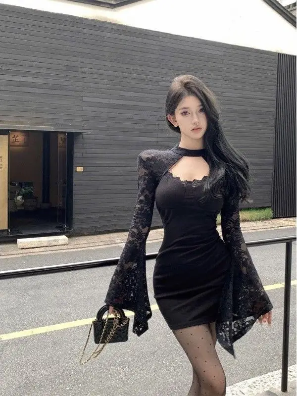 

Bla Lace Splice Long Sve Knitted Dr Women's Winter New Bell Sve Slim Waist ort Skirt Tight Fit round Ne Dr