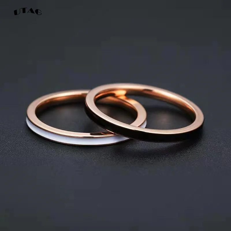 UTAG  Fashion Black/White Ceramic Crystal Wedding Rings Jewelry For Women Girls Rose Gold Stainless Steel Bohemia Rin