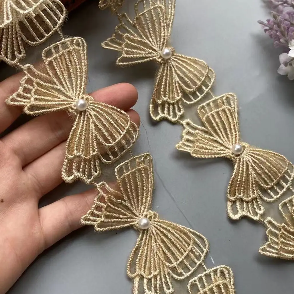 

2 yards Gold Pearl Butterfly Leaf Handmade Beaded Embroidered Lace Edge Trim Ribbon Applique Wedding Dress Sewing Craft 6.5cm