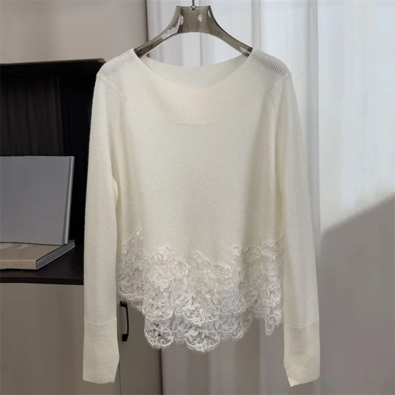 

Women's sweater Spring 2026 new stretch knitted slim fit long sleeved top Lace splicing jersey for women y2k wool blend Knitwear