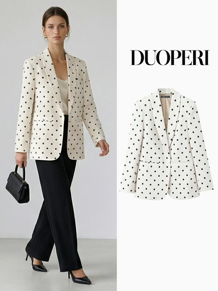 DUOPERI Women Fashion With Pockets Dot Printed Open Stitch Blazer Vintage Notched Neck Long Sleeves Female Office Lady Outfits