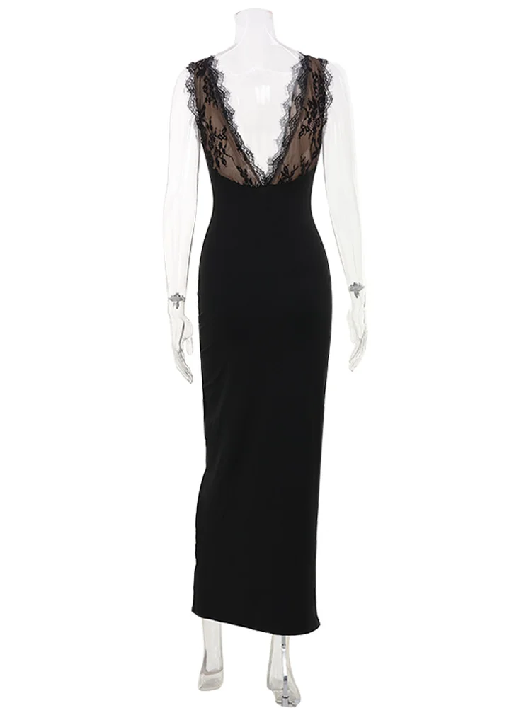 CNYISHE Halter Lace Patchwork Sheer V Neck Sleeveless Backless Women Dresses Sheath Hip Wrap Fashion Summer Solid Female Bodycon