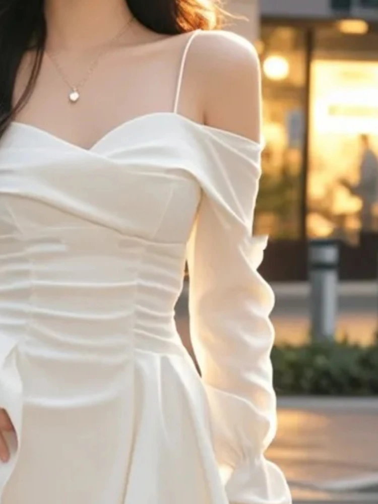 SMTA エレガントなサテンのレディースドレス豪華なオフショルダーストラップ長袖イブニングパーティーミニドレス女性カジュアルショート Vestidos