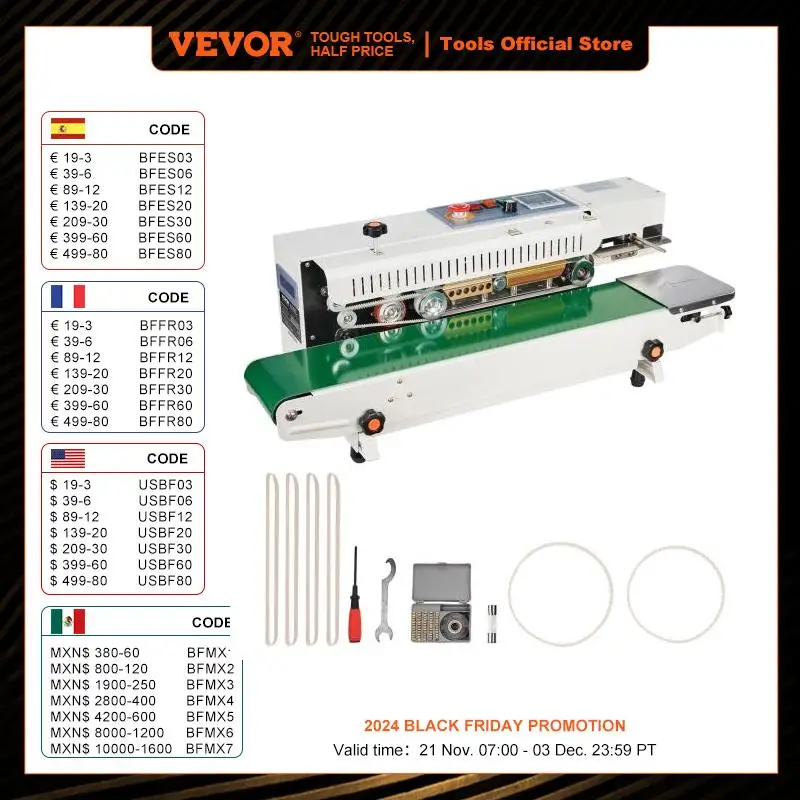 VEVOR Continuous Bag Band Sealing Machine 6-12 mm Horizontal Band Sealer with Inflation Function for 0.02-0.8 mm Plastic Bags