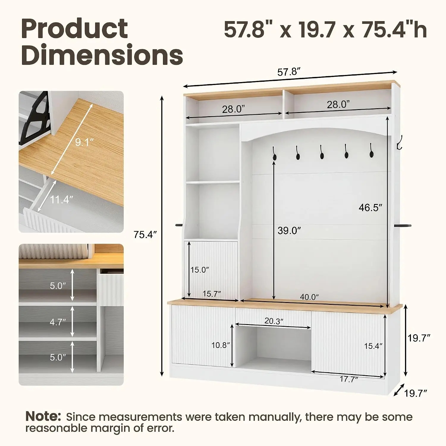 75" Hall Tree with Bench Storage Double-tier Coat Hooks Shoe Cabinet LED Lights Entryway Bedroom Mudroom White, Customized
