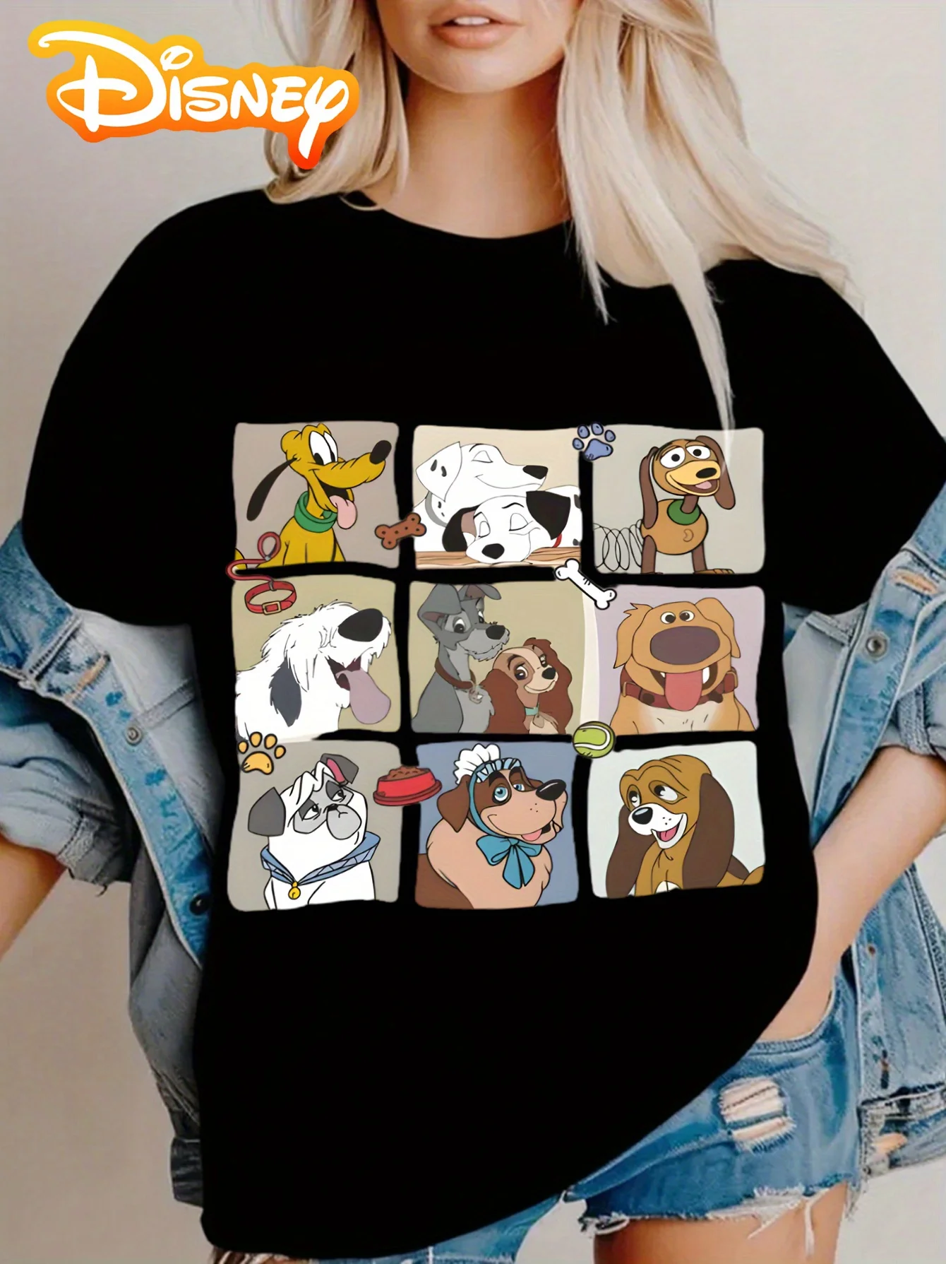 Disney Cute Dog Grid Nova camiseta feminina moda verão, estampa frontal, top de manga curta, roupa de férias