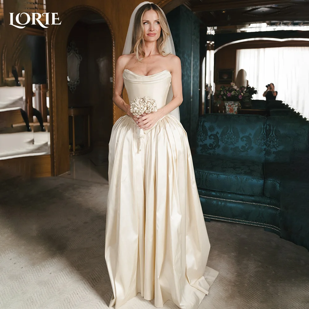 

LORIE Vintage Strapless Wedding Dresses Shiny Satin A-Line Bridal Gowns Backless Sexy Train Princess Bride Dress Customized