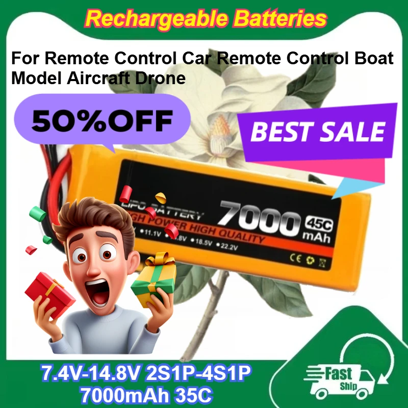 

For Remote Control Car Remote Control Boat Model Aircraft Drone 7.4V-14.8V 2S1P-4S1P 7000mAh 35C Rechargeable Lipo Batteries