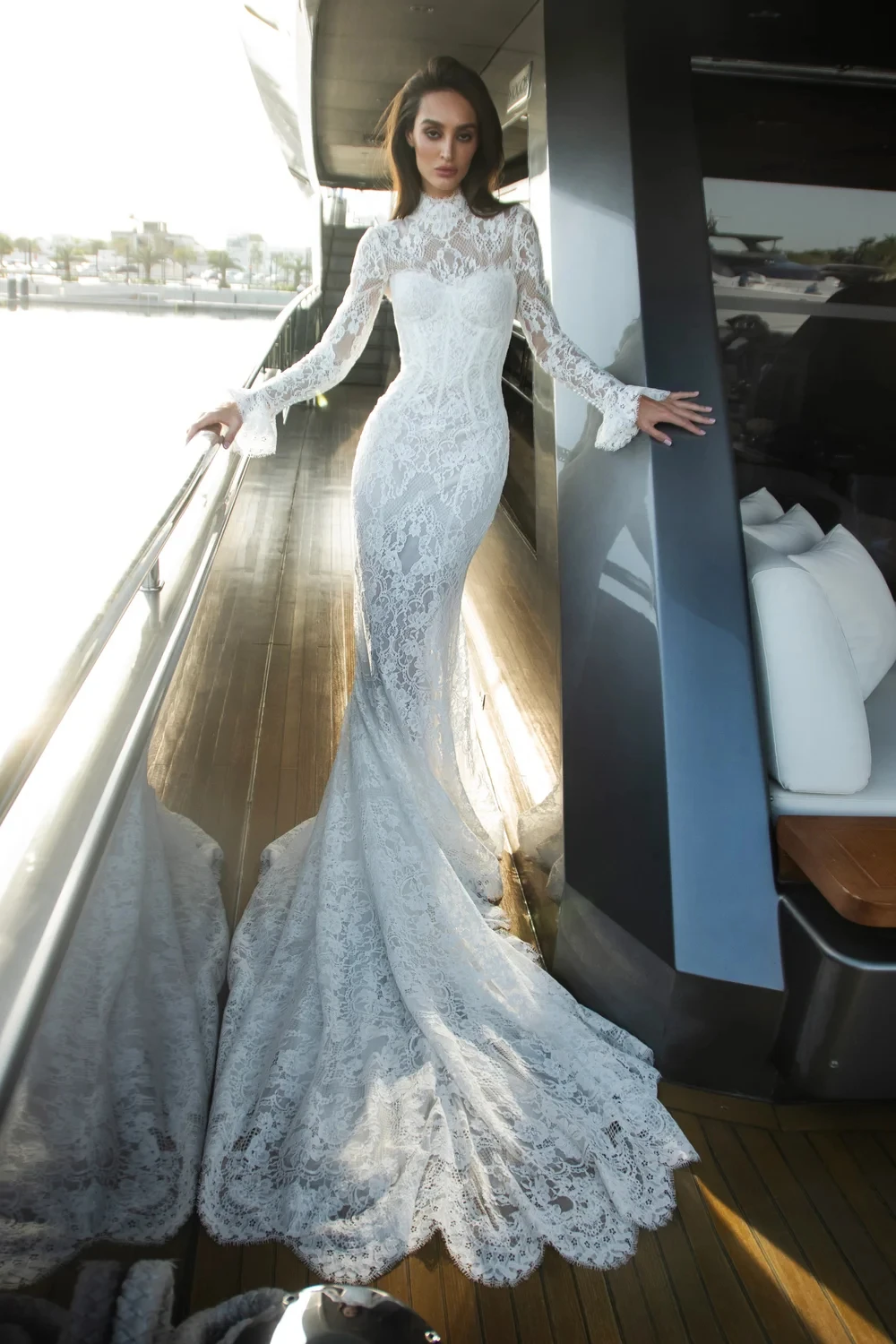 

Customized Elegant White Lace Wedding Dress Classic O-Neck Long Sleeves Bridal Gowns Soft Mermaid Chapel Train Vestido De Novia