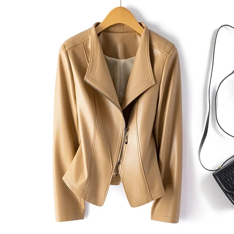 Fashion Leather Jacket Women's Short Slim Sheepskin Coat 2025 Spring Autumn Leather Jacket Long Sleeve Lapel Zipper Outwear