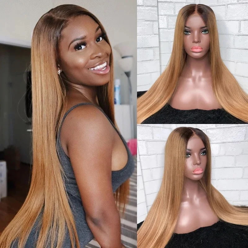 

Ombre Blonde Human Hair Wigs Straight Lace Front Wig Pre Plucked Brazilian Remy T4/27 Honey Blonde Lace Closure Wig for Women