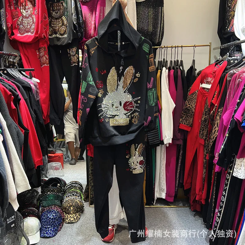Trendy Red Hoodie Sets Women New Autumn Hot Diamonds Letters Printed Hooded Pullover Top + Elastic Waist Casual Sports Pants