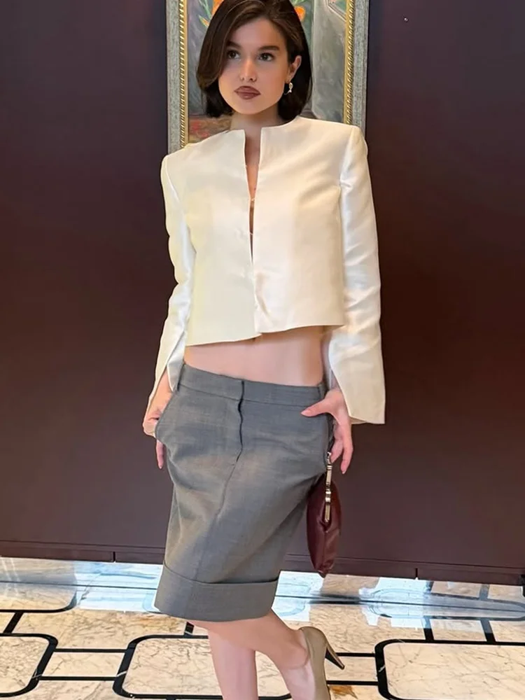 Tossy Satin Crop Blouse Mandarin Collar Long Sleeve Button Front Draped Solid Color Going Out Date Party Slim Fit Women Blouse