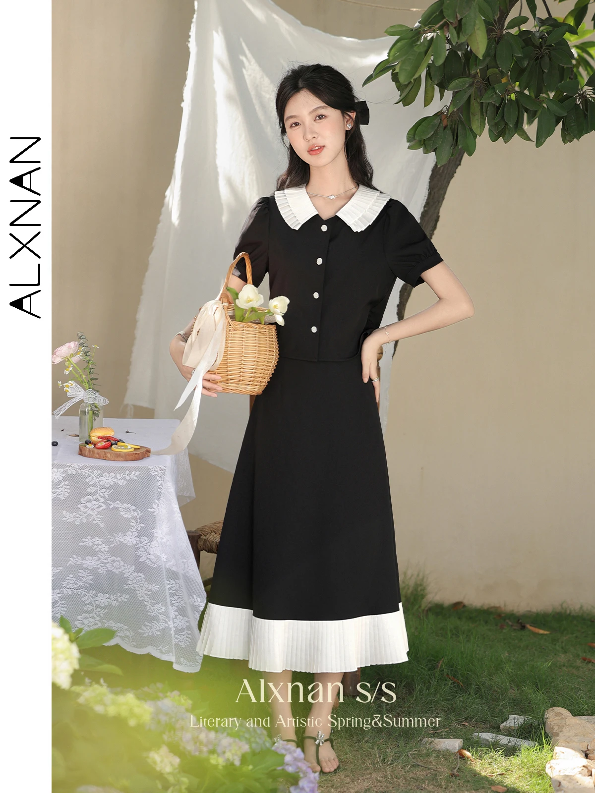 

ALXNAN High Waist Black A-line Women's Skirt 2024 Summer Fashion New Patchwork Elegant Midi Skirts Female Clothing L35603BQ