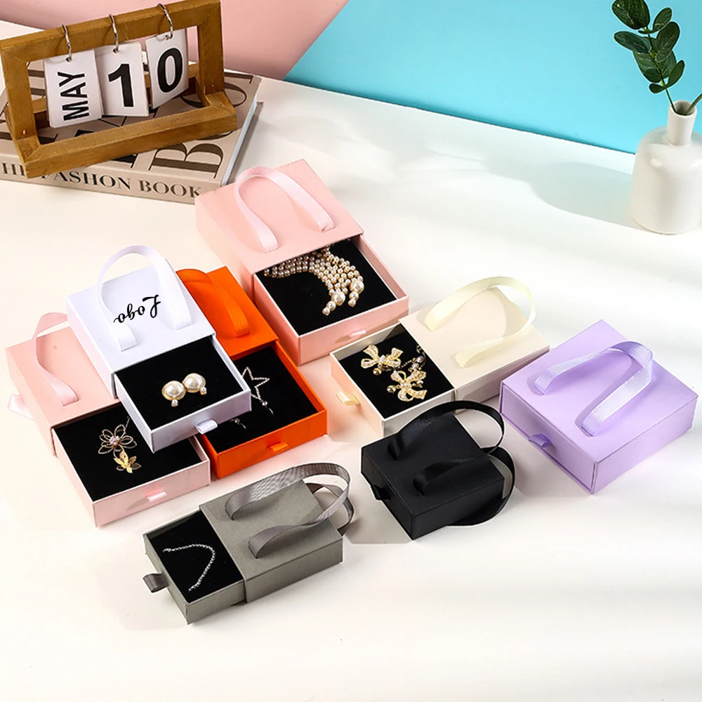 

Custom Logo 24Pcs Beige Paper Portable Drawer Box Jewelry Boxes Ring Earrings Brooch Necklace Gift Storange Case Travel Party
