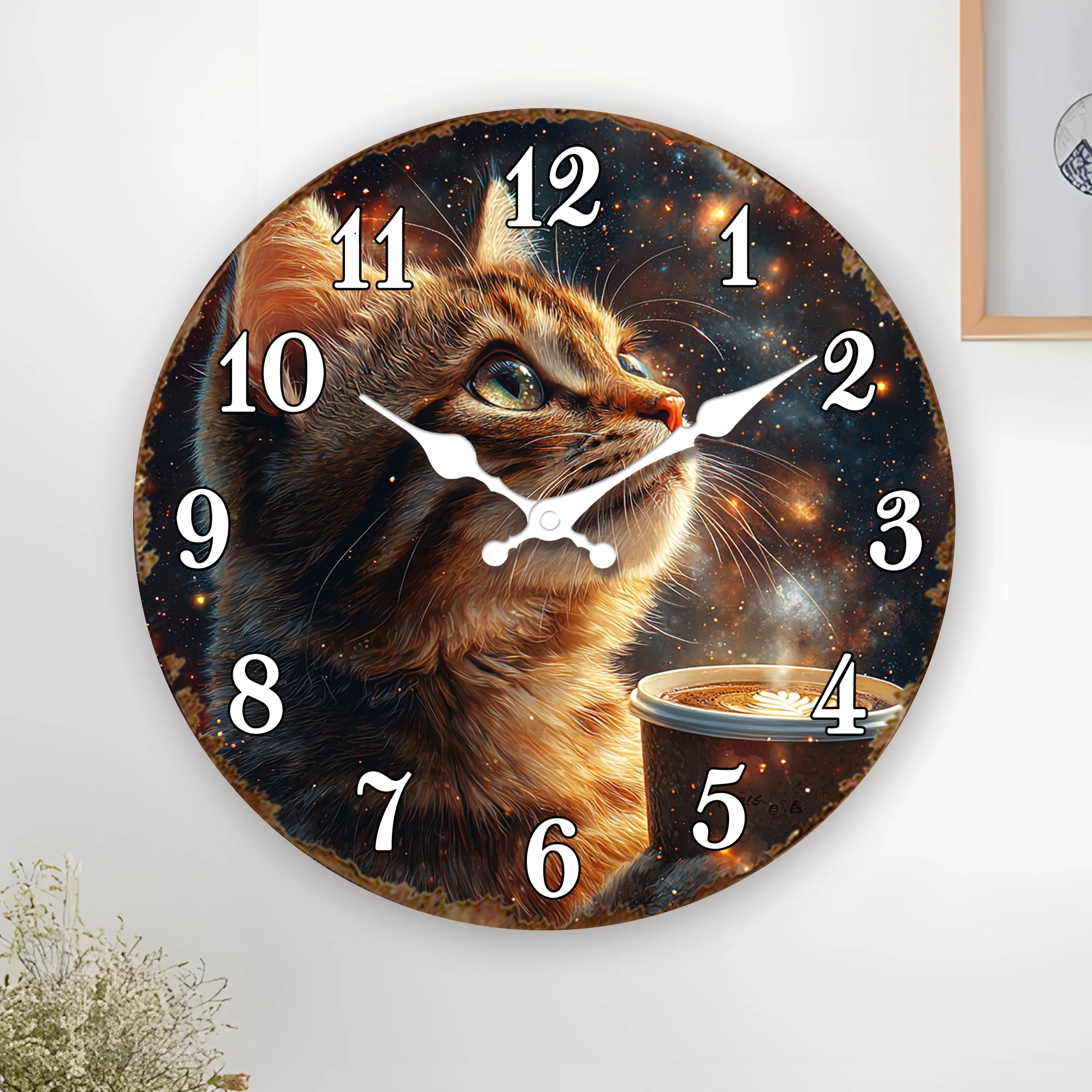 Galaxy Cat with Coffee Cup Wall Clock - Whimsical Feline Lover Gift Decor - Starry Sky Background Quartz Timer