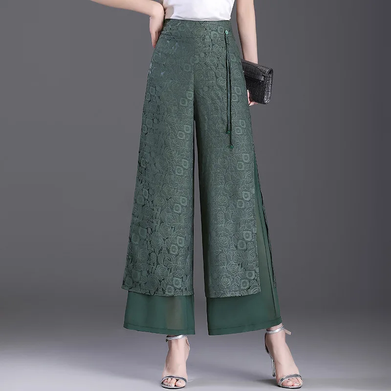Fashion jacquard retro slim wide-leg pants women's 2025 summer new Korean  casual loose nine-point casual trousers