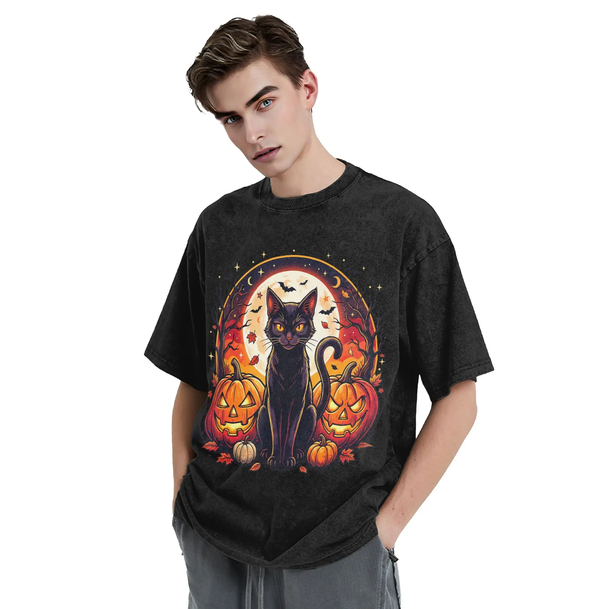 Cute Cat Halloween T Shirt Hip Hop Washed High Street T-Shirts Pumpkin Spooky Autumn Night Vintage for Men Women Top Summer Tees