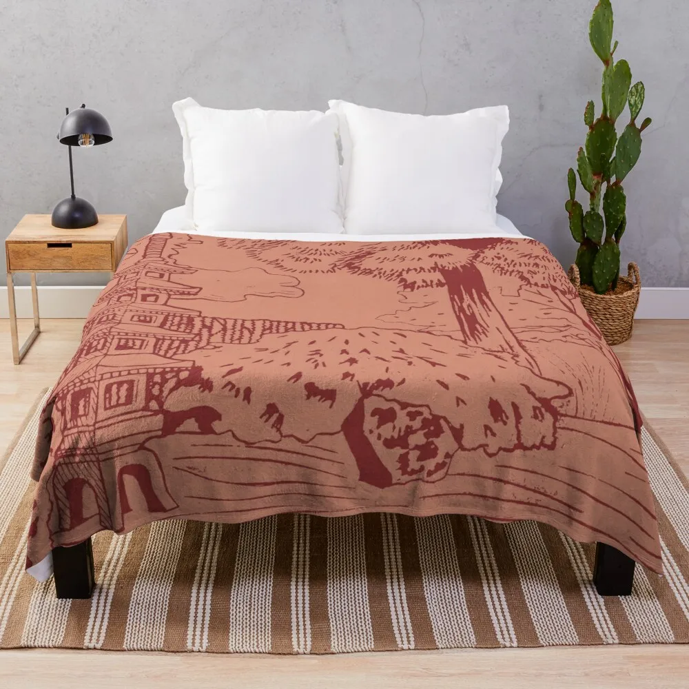 Japanese Garden with Pagoda Linocut Print - Ruby + Coral Throw Blanket Weighted Flannel Thermals For Travel Blankets