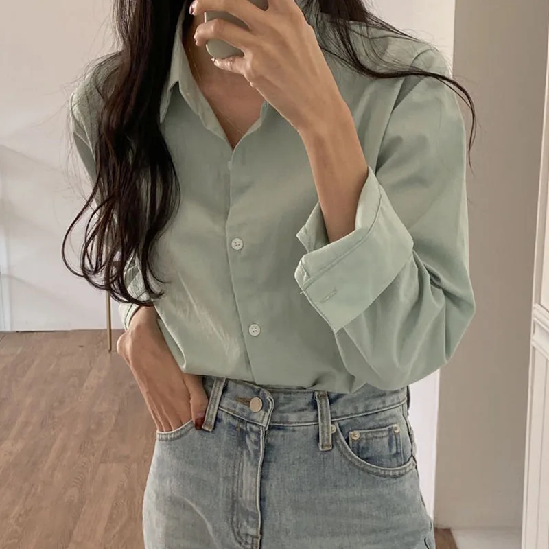 Csa informal hoada de manga larga para mujer, Top con botones, corte recto coreano, estilo básico, Color caramelo, prima...