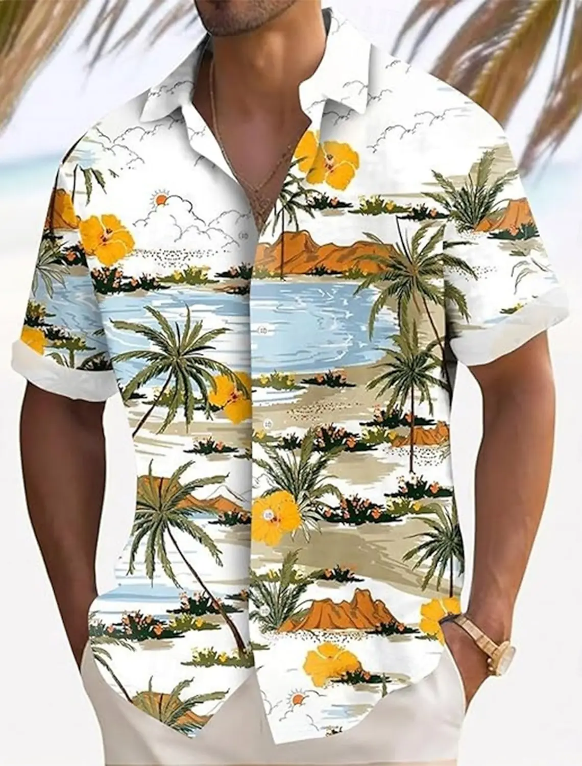 New Men's Seaside Coconut Palm Tropical Plant Shirt Hawaiian Shirt Summer Printed Shirt