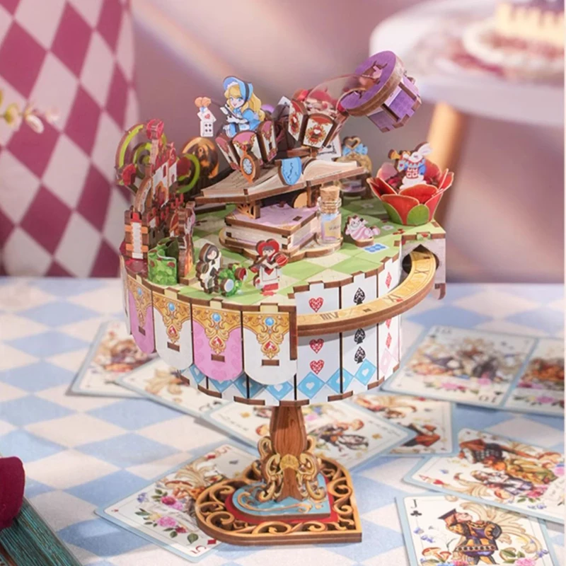 Alice Tea Party Music Box DIY Drewniane zestawy do budowania modeli puzzli 3D z obrotowym stołem Prezent księżniczki dla dziewczynek na urodziny