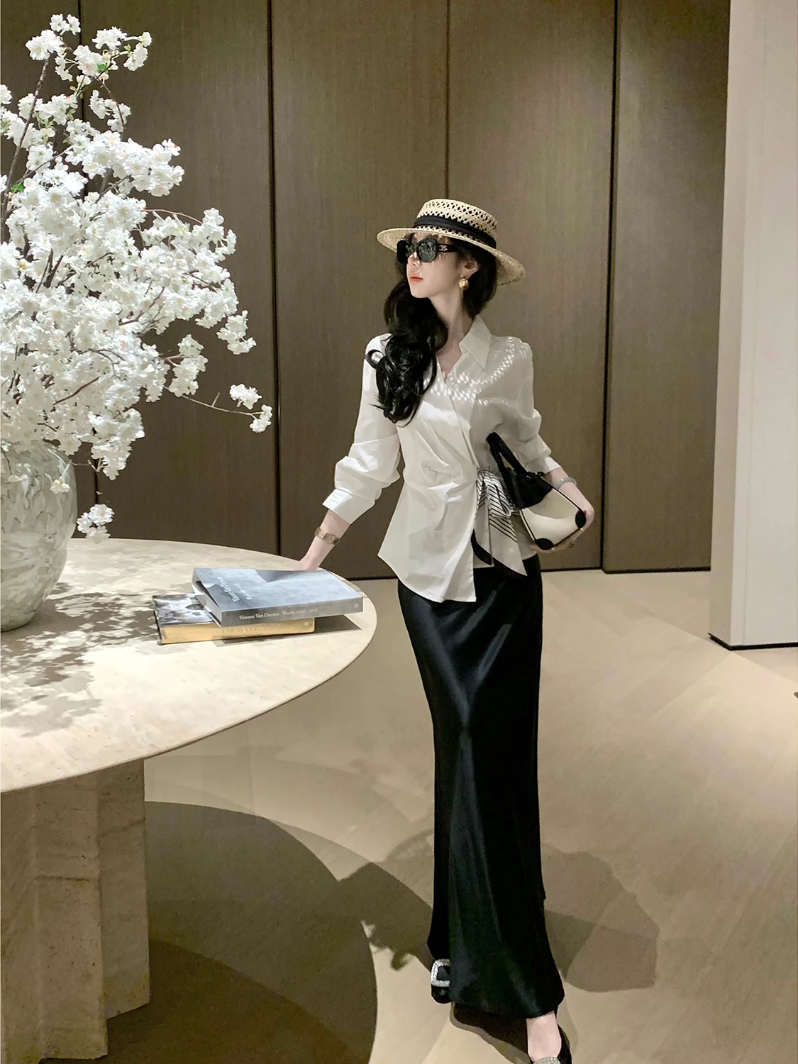 Syqiao Autumn Fashion High Waist Acetate Skirt Women's Black Midi Dress Elegant Vinegar Acid Skirt Half-length Stylish Dress