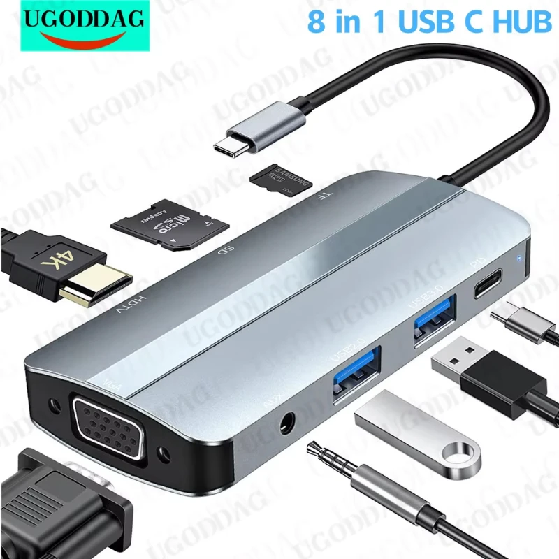 8 in 1 USB C Hub Docking Station Type C To 4K HDTV Adapter OTG with VGA Thunderbolt 3 PD USB3.0 SD/TF 3.5mm for MacBook Laptop