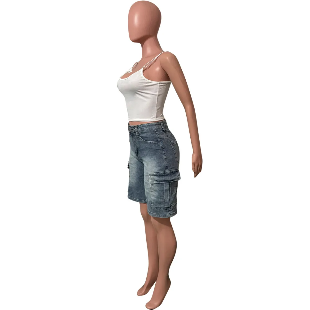 2025 Pantaloncini cargo in denim con tasche alla moda da donna estivi 2025, jeans corti al ginocchio elasticizzati a vita alta lavati, streetwear femminile casual