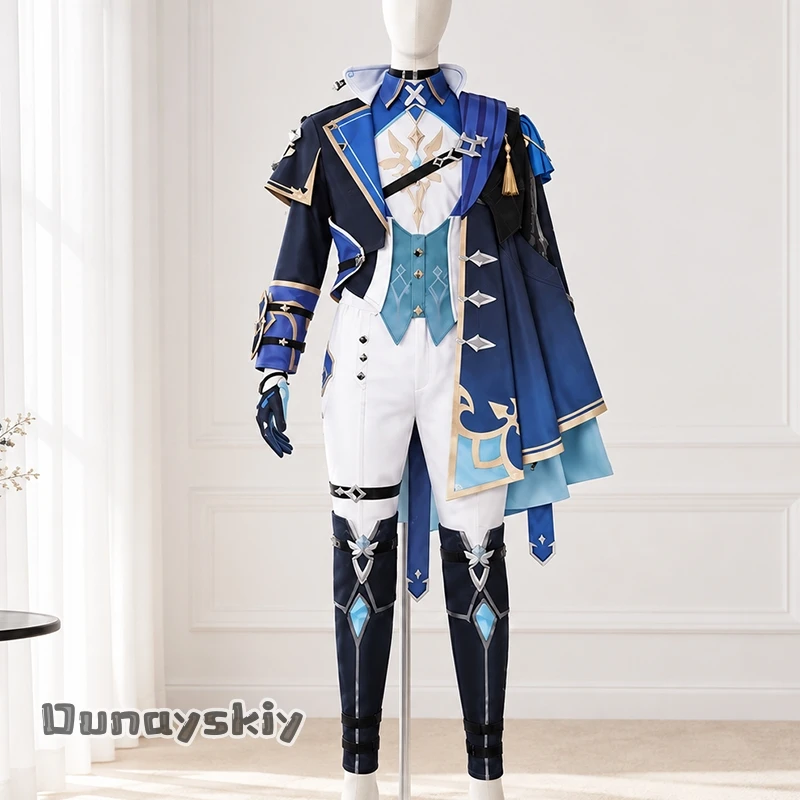 10 Anime Game Genshin Impact Cosplay Lohen Costume Knight Styles Uniform Long Dark Blue Cape White Uniform Y2K Wigs Halloween