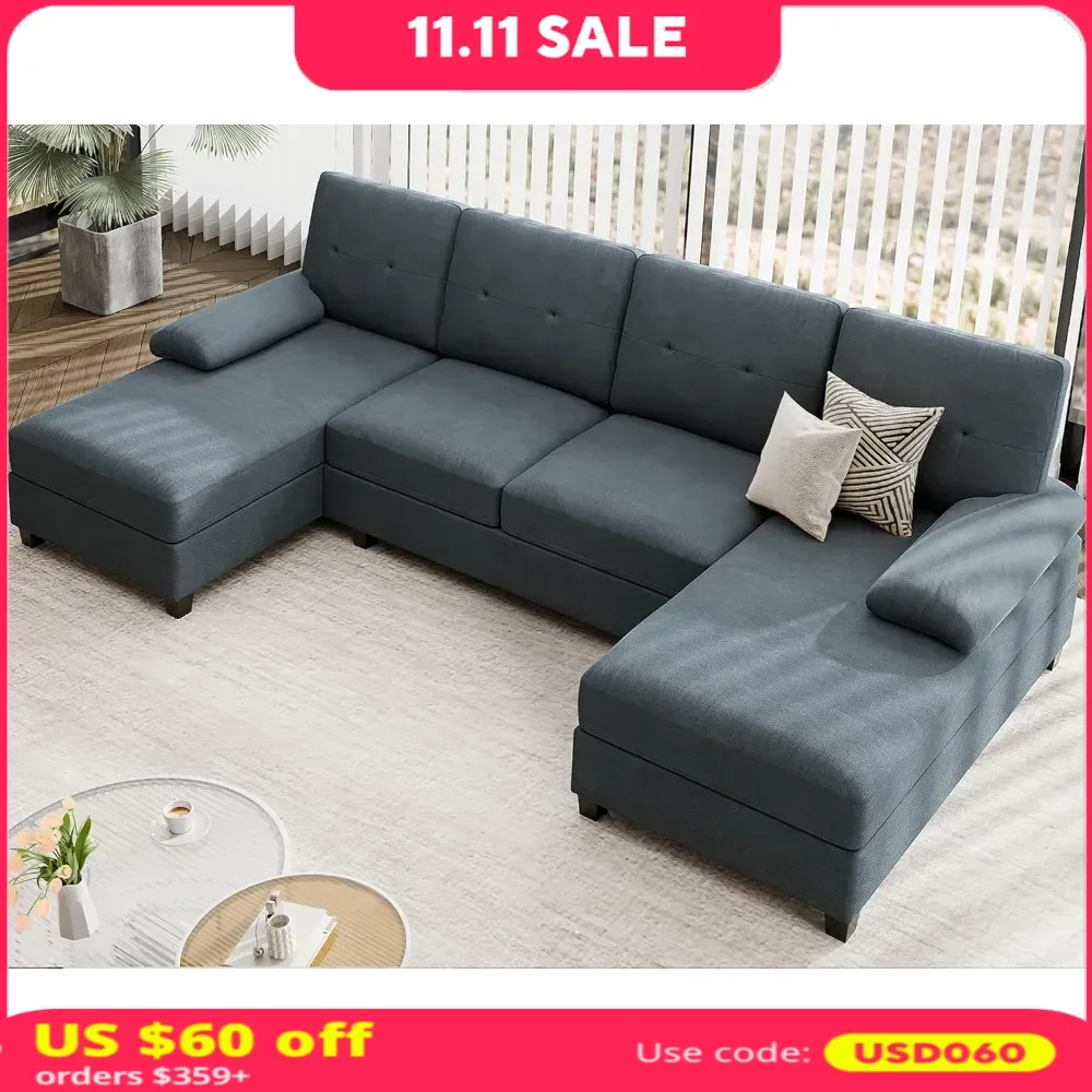 Sofá Seccional de tela de lino, mueble moderno de 4 plazas en forma de U con doble Chaise Longue, capacidad de 880 libras, 30 pulgadas