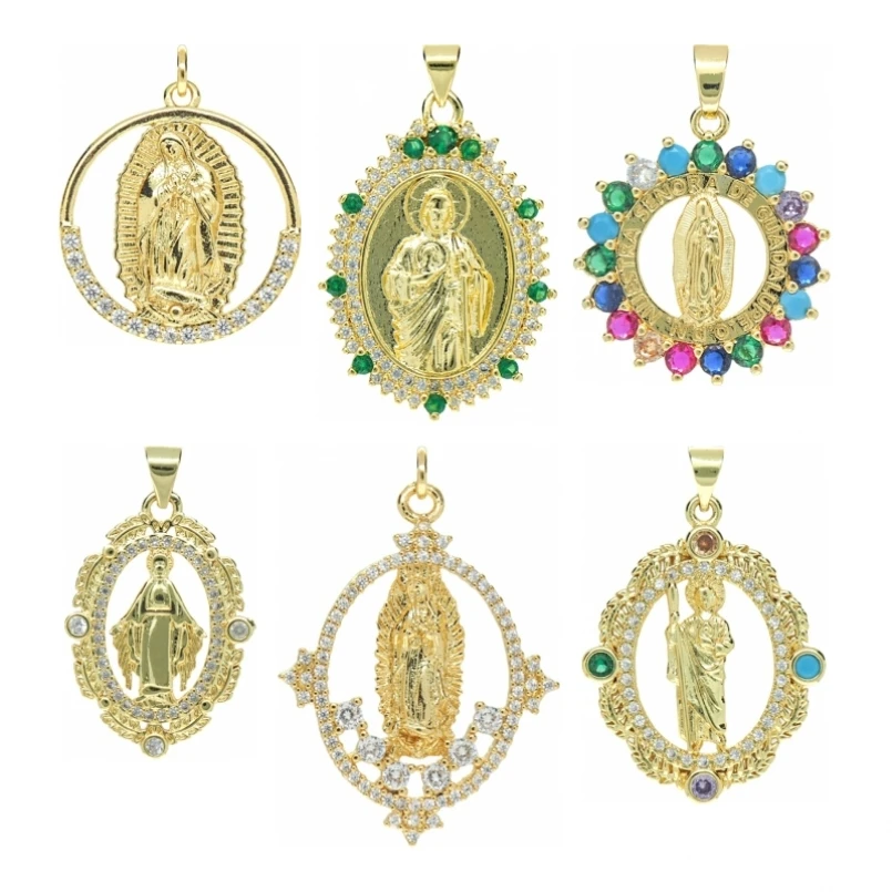 

5Pcs Irregular Face Religious Madonna Pendant Cubic Zirconia Copper Gold Color Approx 26.3x37.3mm Jewelry Special Gift