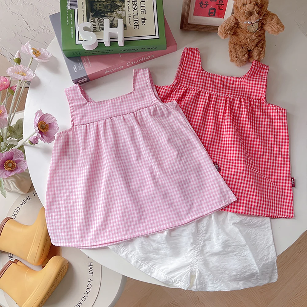 

Комплекты летней одежды для девочек, розовый клетчатый жилет с бретельками, топы без рукавов + белые шорты, повседневная одежда из 2 предметов, детский костюм