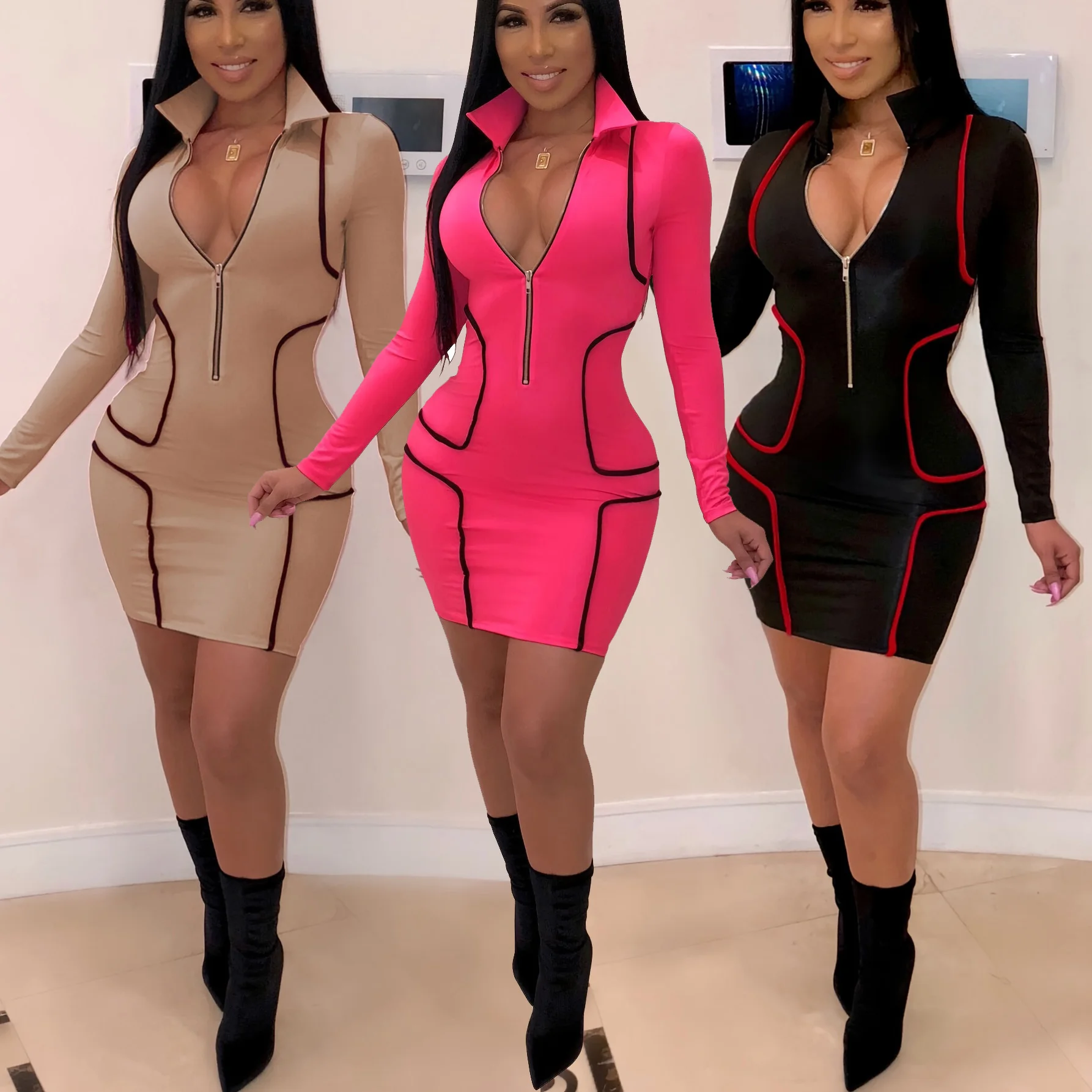 Zipper Stand Collar V Neck Long Sleeve Bodycon Dress Women Fashion Casual Dress Sheath Mini Club Party Dresses Outfits