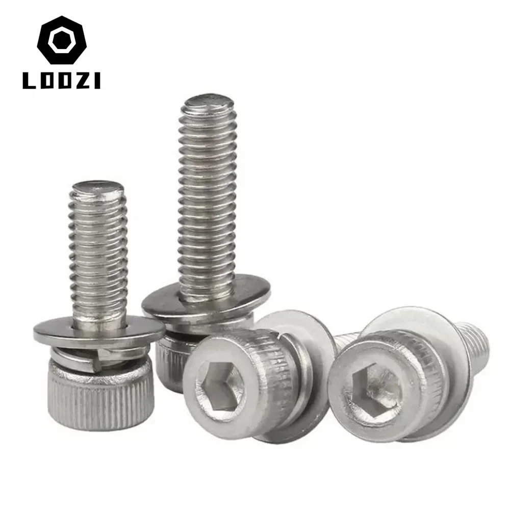 304 Stainless Steel Hex Hexagon Socket Cap Head SEM Screw Flat Washer Spring Gasket Assemble Bolt M2 M2.5 M3 M4 M5 M6 M8 M10 M12