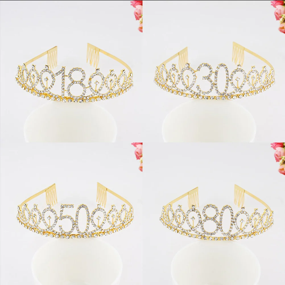 

Birthday Crown Alloy Rhinestone Number European American Golden Women Party Accessories Sparkling Hair Decor