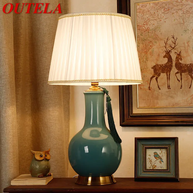 

OUTELA Modern Green Ceramics Table Lamp LED Creative Simple Bedside Desk Light Fashion Decor for Home Living Room Bedroom