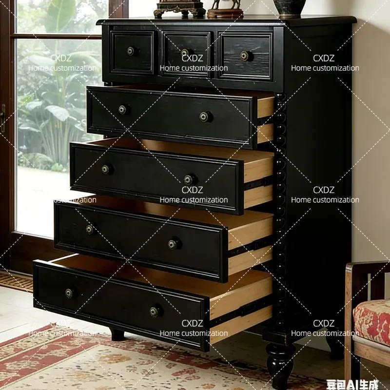 American retro black carved multi-drawer storage cabinet bedroom living room locker medium antique chest locker