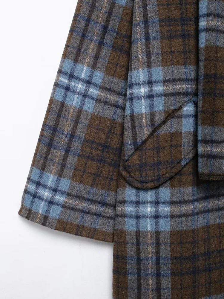 2024 herbst/Winter Europäischen Stil Damen Retro Casual Schal Kragen Blau Plaid Woolen Langen Mantel