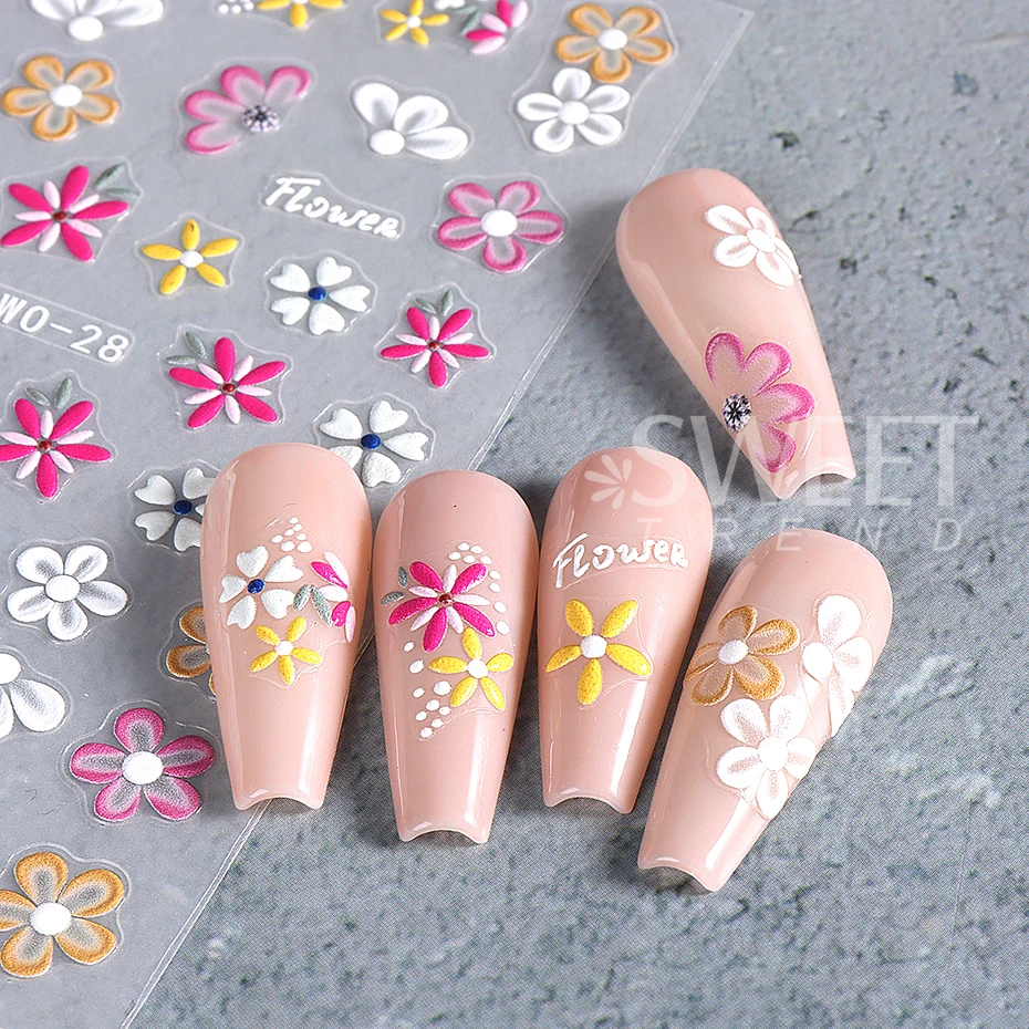 ملصق منقوش للأظافر بزهرة 5D ، بتلات أكريليك بيضاء وردية ، ملصق لاصق ، منزلقات أظافر أنيقة زهرية ، ديكور مانيكير ذاتي الصنع مريح