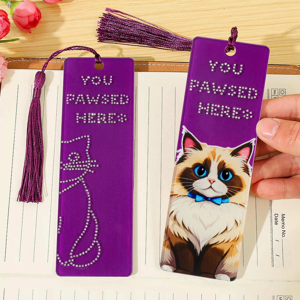 Marcador de Libros DIY con Pintura de Diamantes de Gato, Diseño 'You Pawsed Here', de Acrílico Doble con Borla, Marcador de Página con Gatito Adorable para Libros