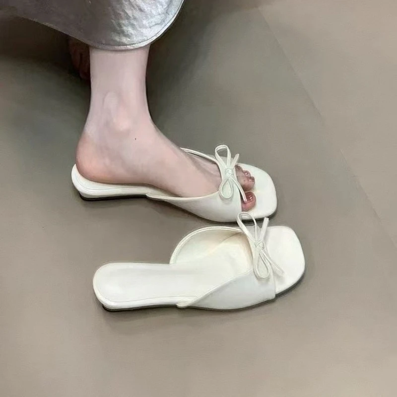 

Модные туфли-мюли с бантом и открытым носком, летняя новинка 2026 года, с квадратным мысом, неглубоким вырезом, на мягкой подошве, на среднем каблуке