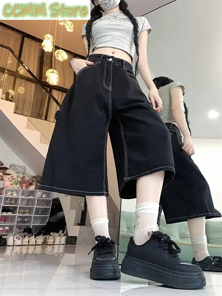 Summer Tyle Women's Black Regular Cropped Jeans Cool Girl Wide Leg Denim Shorts Female High Waist Loose Retro Capris Pants