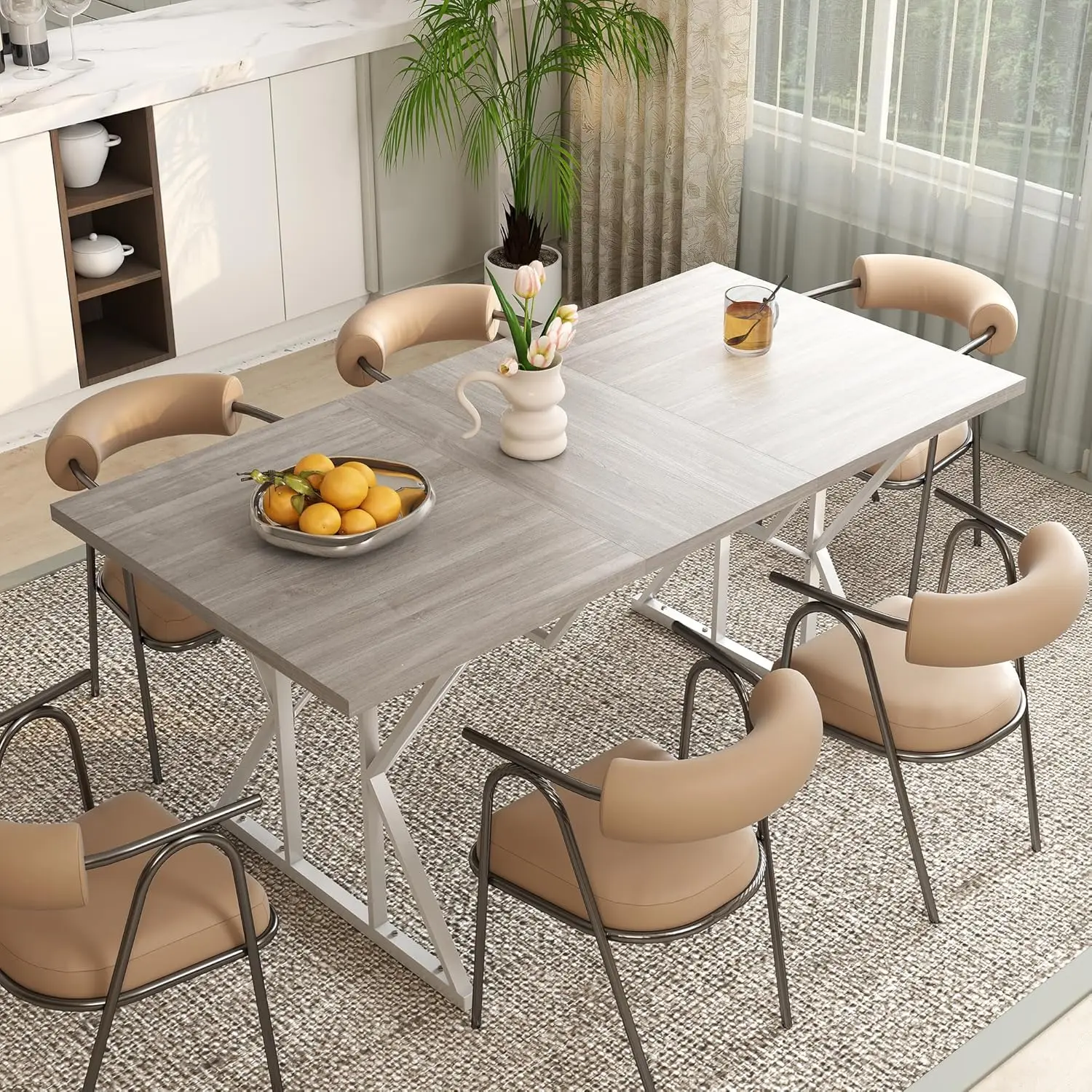 

Expandable Dining Table 47-63in Seats 4-6 Farmhouse Metal Trestle Base Rectangle Kitchen Desk Gray, Customized