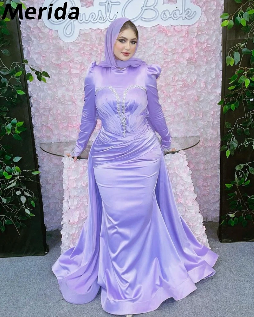 

Lilac Mermaid Prom Dresses Rhinestone Long Sleeves Floor-length Wedding Guest Women Evening Dresses 2023 فساتين مناسبة رسمية